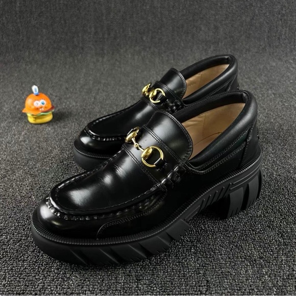 Gucci Black Chunky Loafers with Gold Accent